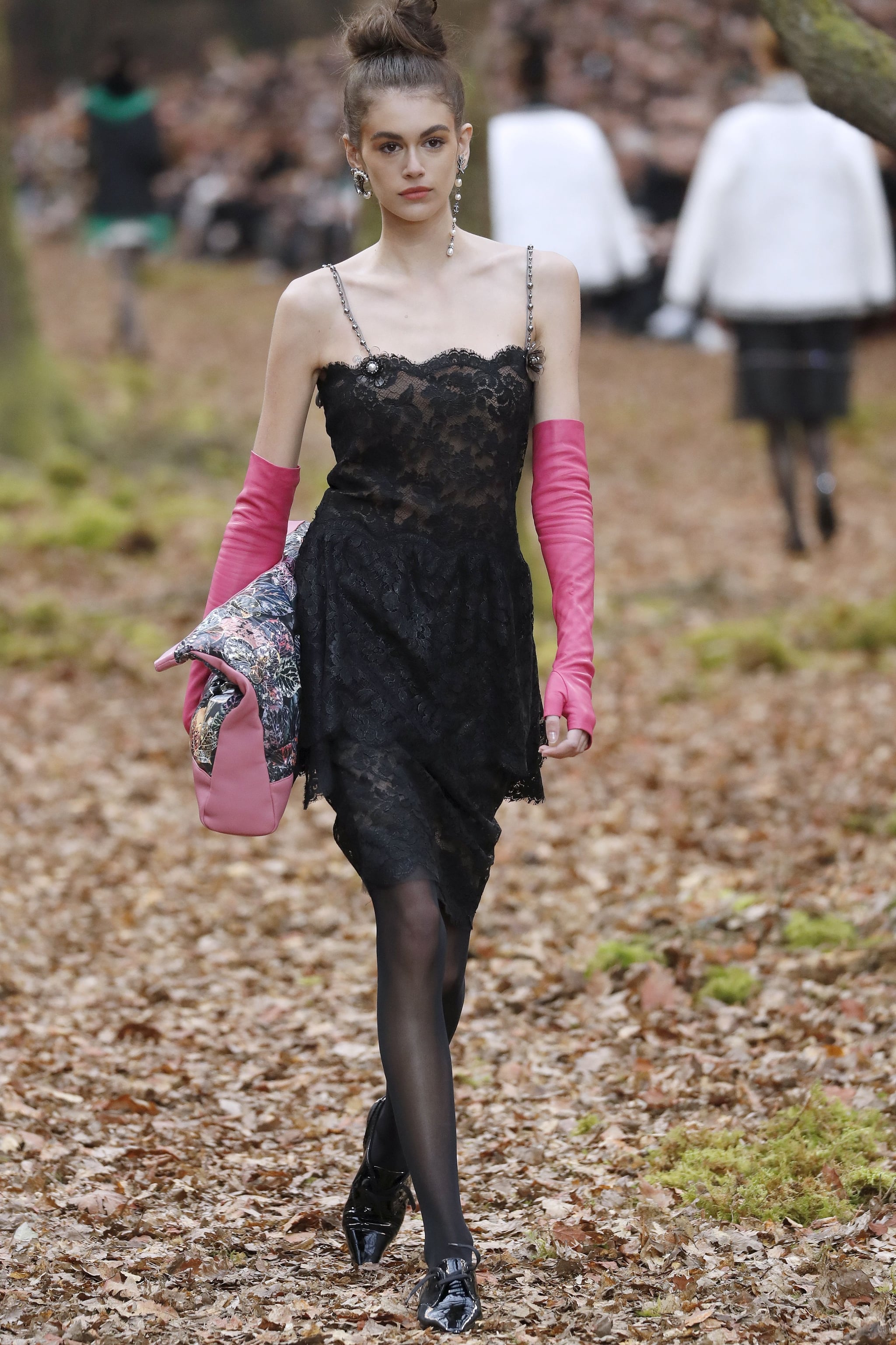 Kaia Gerber Stunned in This Lace Dress and Tights, What Chanel Runway?  Karl Lagerfeld's Models Just Trekked Through an Enchanted Forest