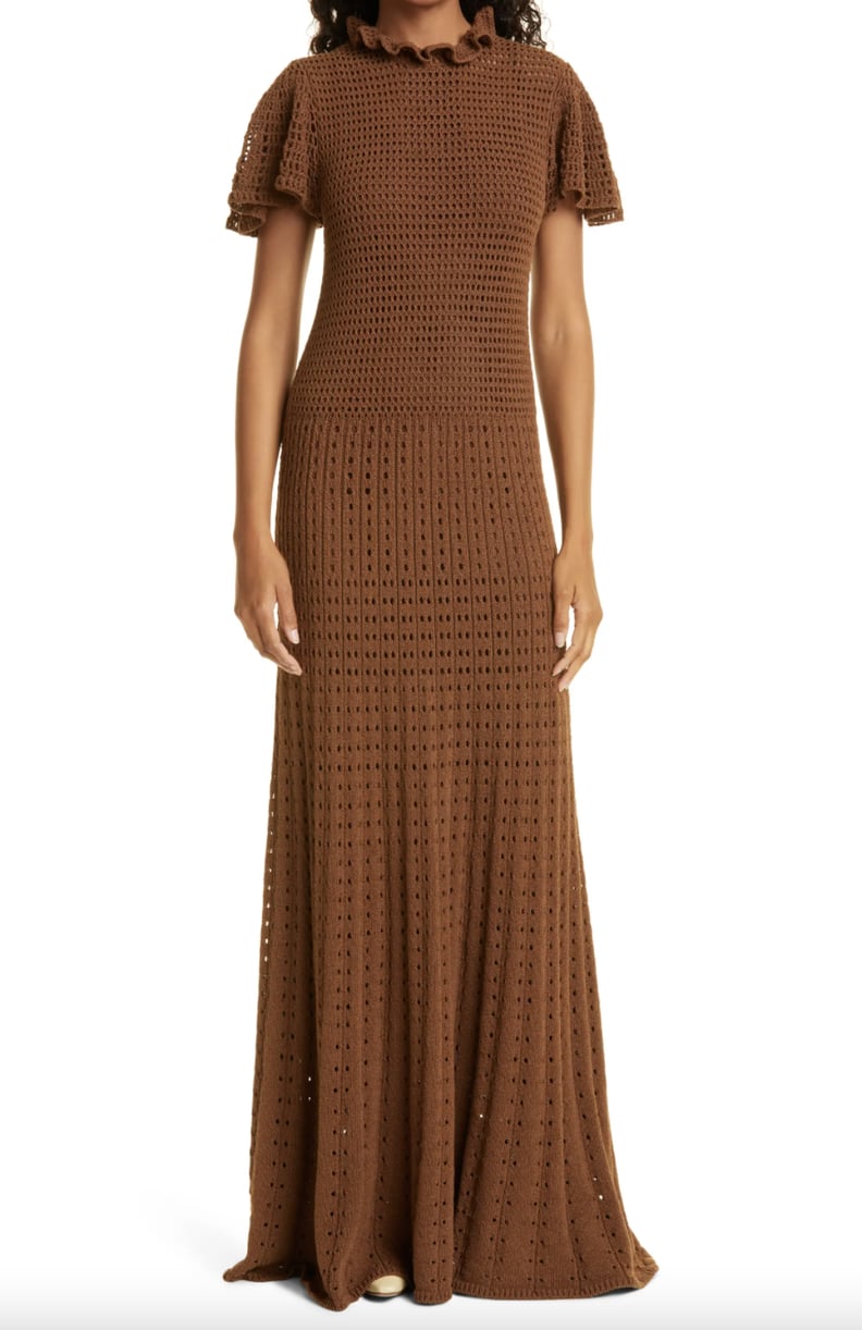 Rebecca Taylor Flounce Sleeve Cotton Blend Crochet Maxi Dress