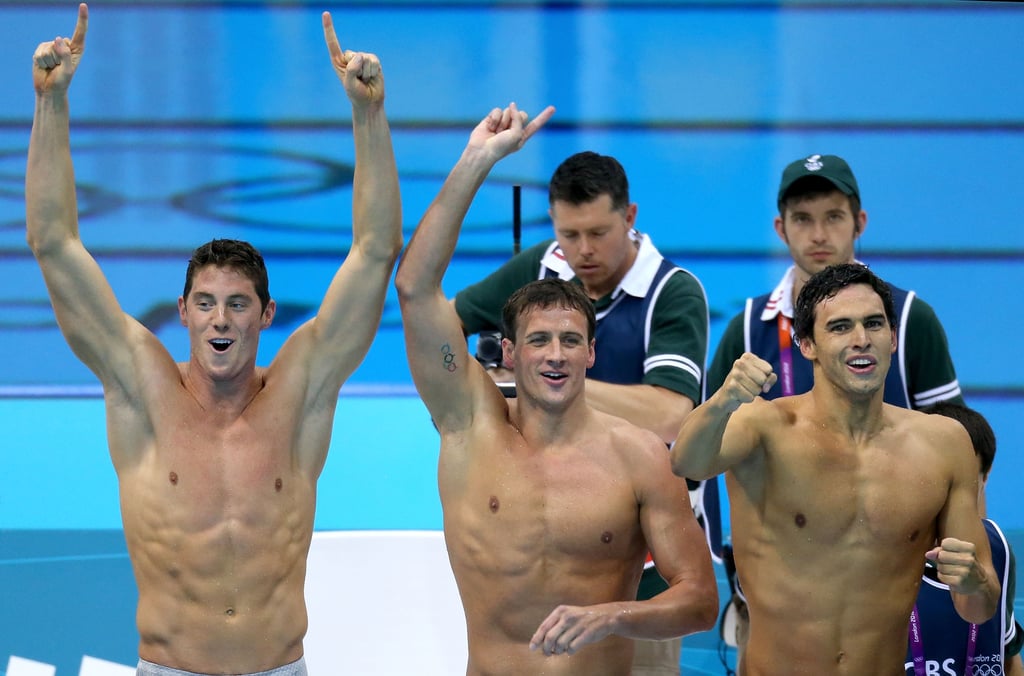 US swimmers Conor Dwyer, Ryan Lochte, and Ricky Berens showed their excitem...
