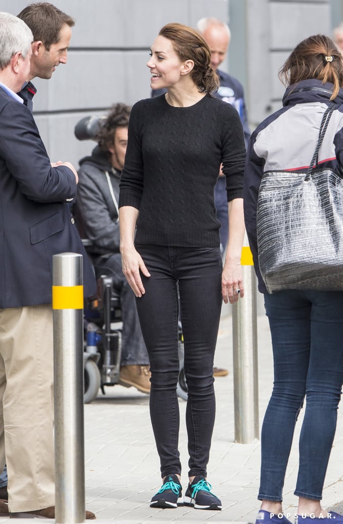 Following her sailing lesson at the Portsmouth docks, Kate Middleton was spotted heading back to London on Friday evening. The duchess kept things casual in a black sweater, jeans, and sneakers and was all smiles as she spoke with onlookers nearby. Needless to say, Kate looks good in just about anything. Just last week, she helped Queen Elizabeth II wrap up her 90th birthday celebrations at the Royal Windsor Horse Show before putting her boxing skills to the test at a charity event, where she further proved that she's not too princessy to play sports. See more of Kate's casual outing, then find out what's on her calendar for next month.