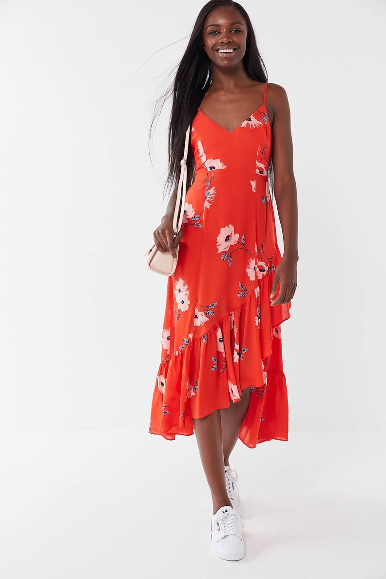 UO Fireworks Floral Tie-Back Ruffle Midi Dress