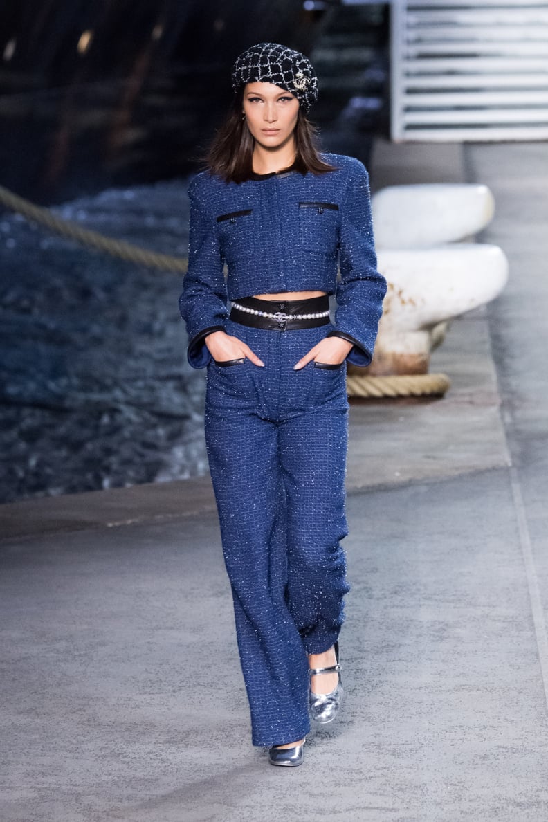 Bella Hadid Walked the Runway in a Tweed Pantsuit