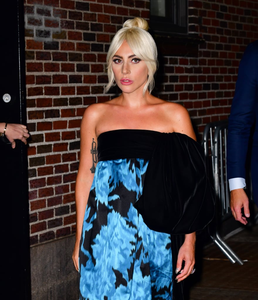 Lady Gaga Blue Marc Jacobs Dress and Clear Heels