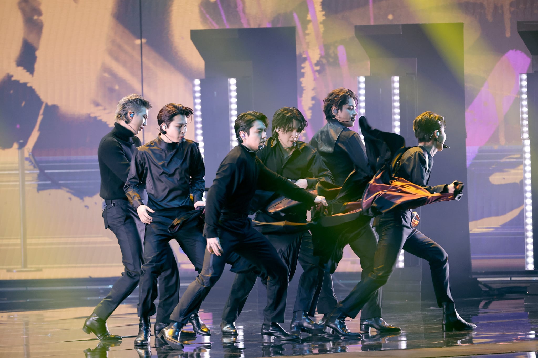 LAS VEGAS, NEVADA - APRIL 03: BTS perform onstage during the 64th Annual GRAMMY Awards at MGM Grand Garden Arena on April 03, 2022 in Las Vegas, Nevada. (Photo by Matt Winkelmeyer/Getty Images)