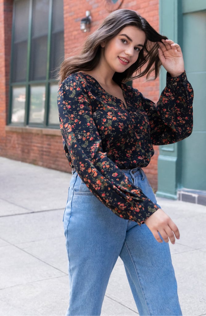 Something Navy Balloon Sleeve Button Front Blouse