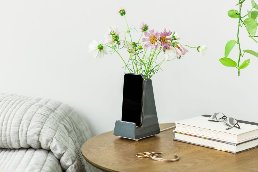 A Nightstand Essential: Stak Ceramics Bloom Vase Phone Stand in Charcoal