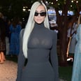 Kim Kardashian Styles a Gray Turtleneck Dress With Shield Sunglasses and Neon Boots