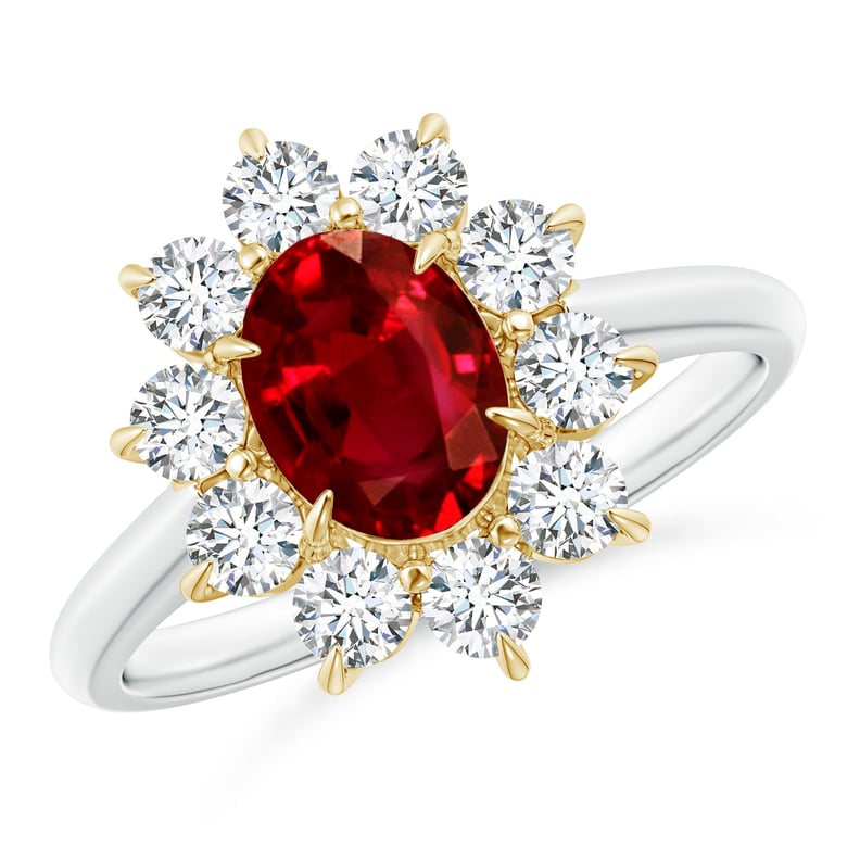 Angara Two Tone GIA Certified Oval Ruby Floral Halo Ring