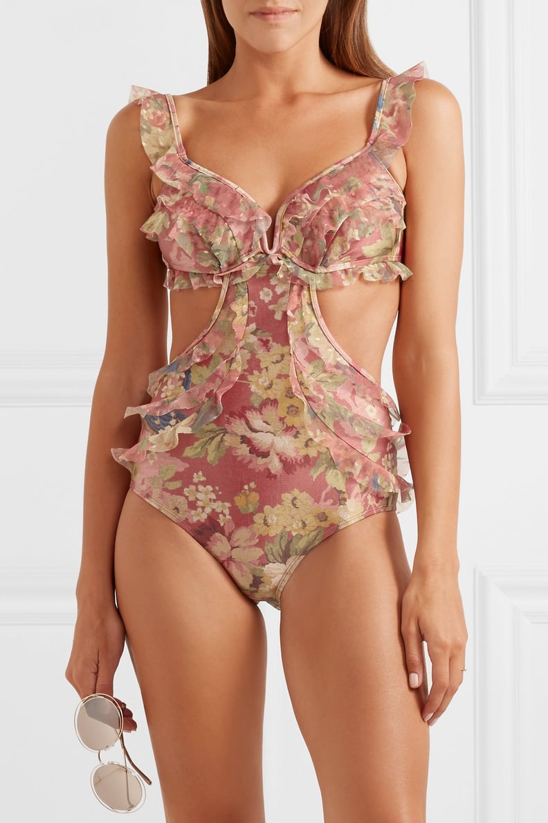 Zimmermann Melody Off-the-Shoulder Ruffled Floral-Print Swimsuit