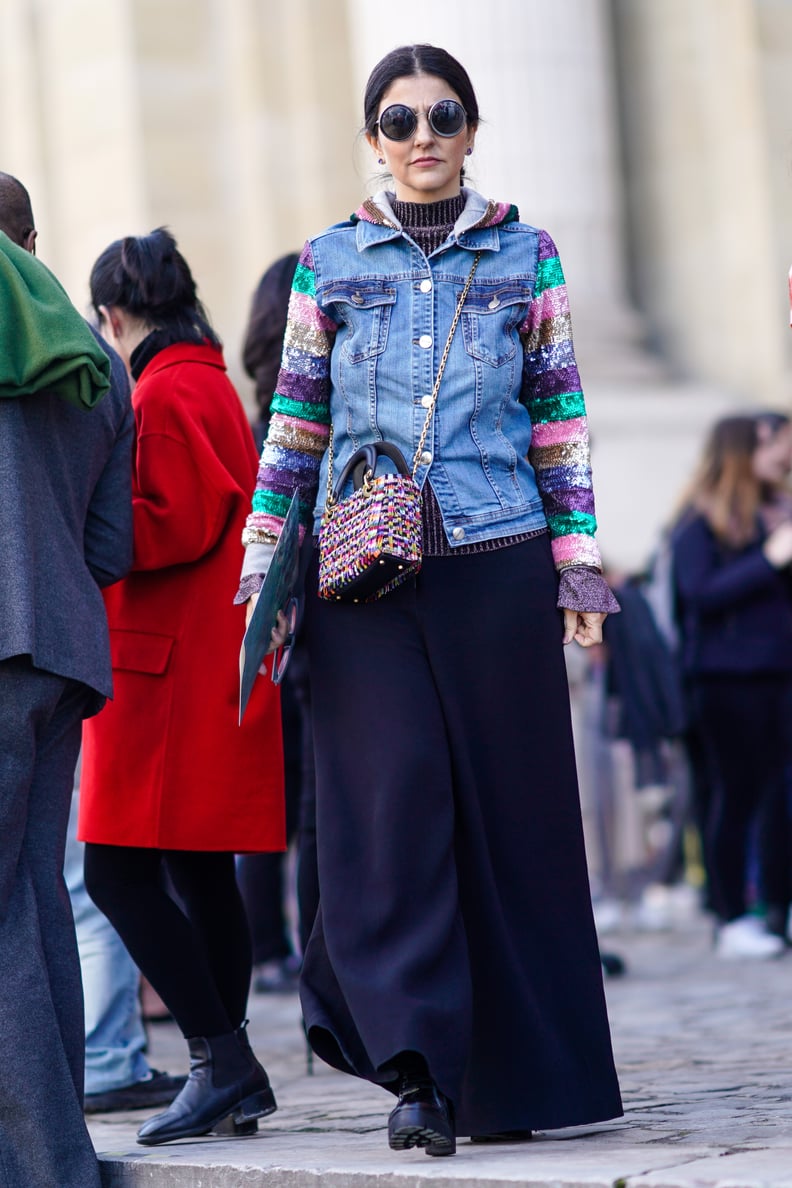 Style a Sequined Denim Jacket Over a Maxi Dress