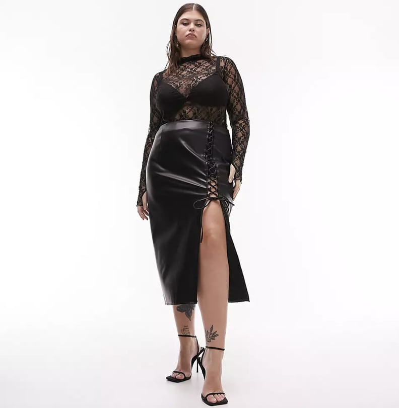 Topshop Curve Leather Look Tie-Up High Slit Midi Skirt
