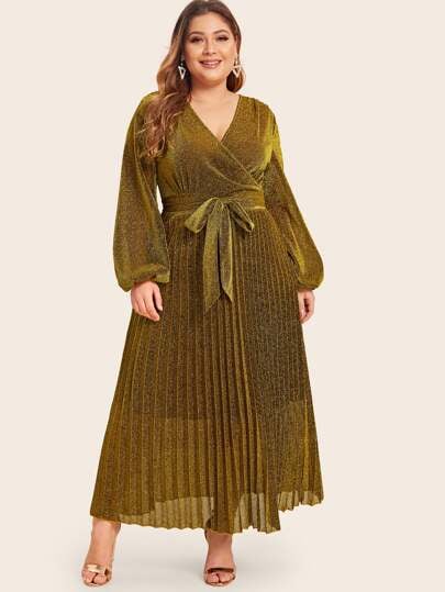 Shein Plus Surplice Wrap Belted Pleated Glitter Dress