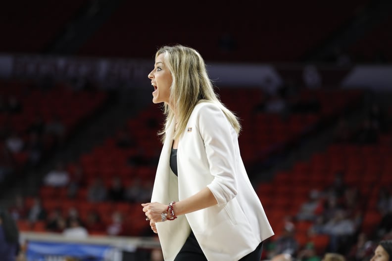 NORMAN, OK - MARCH 21: Oklahoma Sooners head coach Jennie Baranczyk yells after a call during the second round of the 2022 NCAA Women's Basketball Tournament held at the Lloyd Noble Center on March 21, 2022 in Norman, Oklahoma. (Photo by Alonzo Adams/NCAA