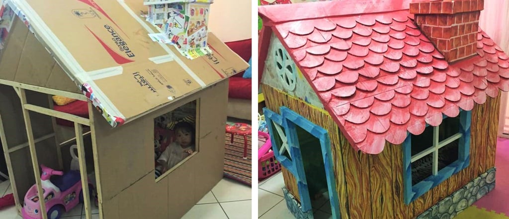 Grandfather Makes Cardboard Playhouse From Cardboard Boxes