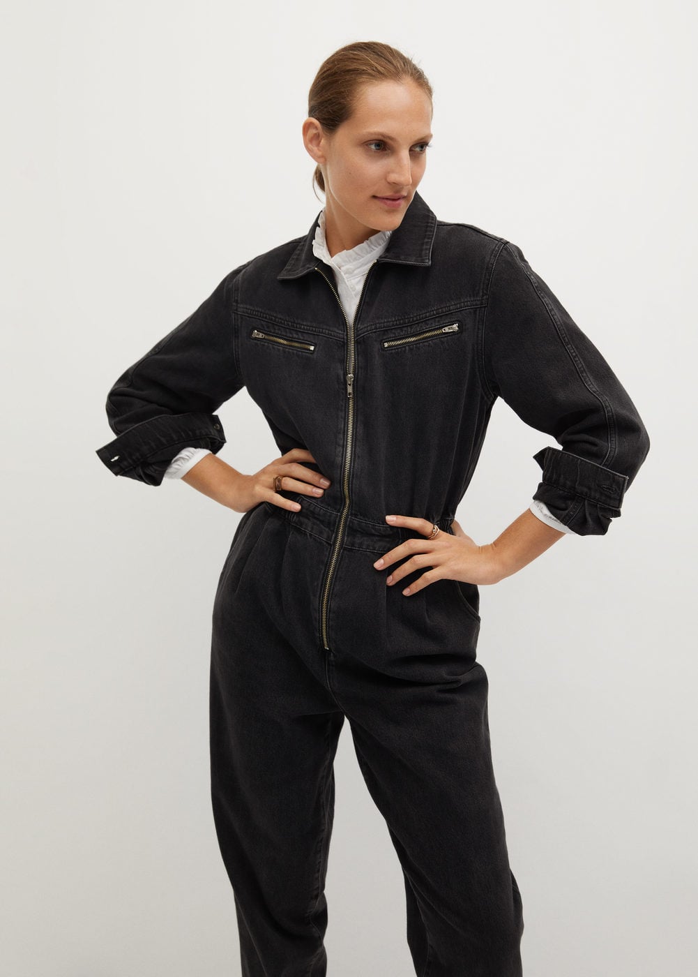 Topshop lightweight button through jumpsuit with pockets in black | ASOS