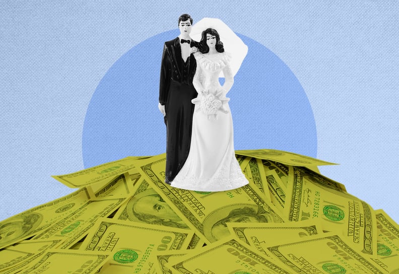 A married couple stands on a pile of money signifying their debt.