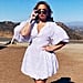 Demi Lovato's White Minidress, Head Scarf, and Red Sandals