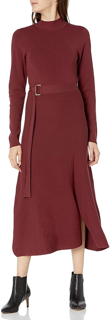 The Drop Odette Long-Sleeve Mock-Neck Belted Swing Maxi Dress