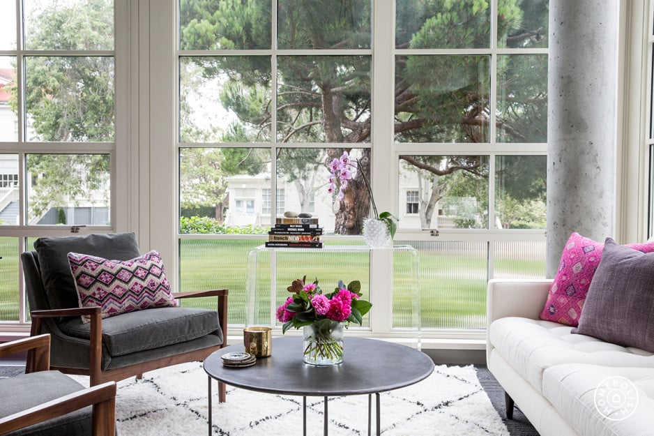 Purple accents are just up Rapunzel's alley, and she'd love watching the floating lanterns from these huge windows.
