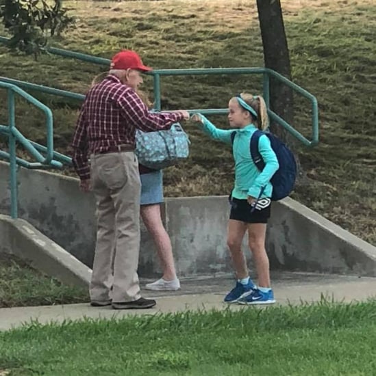 Old Man Fist Bumps and Encourages Kids Before School