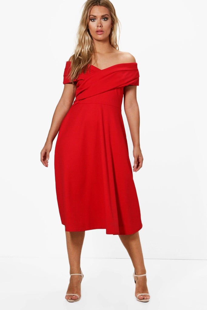 Boohoo Pleated Off-the-Shoulder Skater Dress