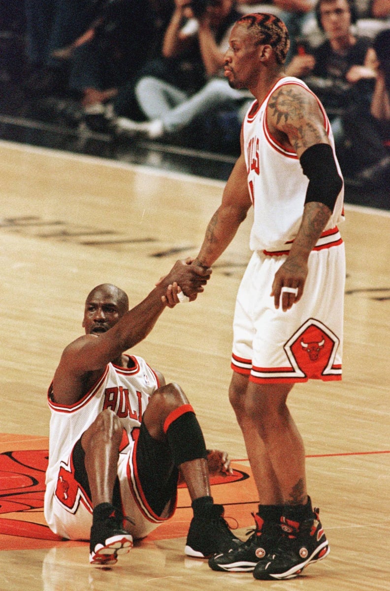 Michael Jordan and Dennis Rodman During Game 5 of the NBA Finals in 1998
