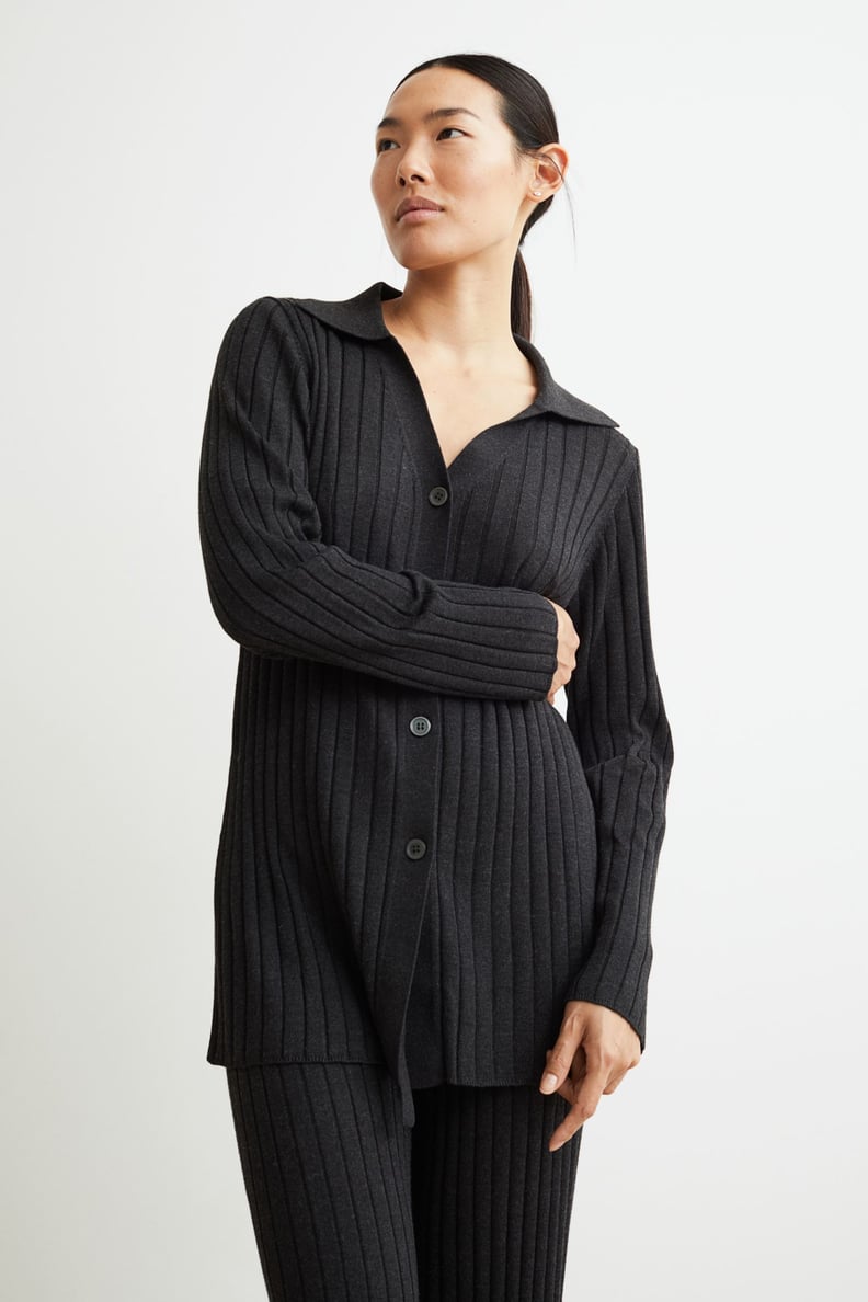 For a Refined Silhouette: Collared Ribbed Cardigan