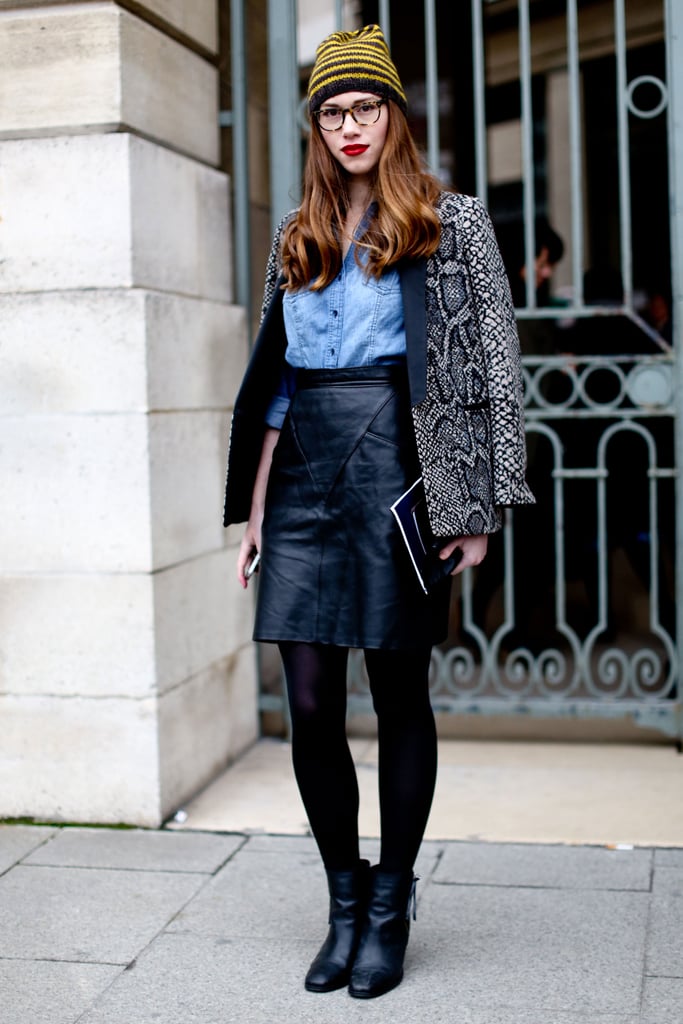 This attendee offset leather and denim with an exotic blazer. This attendee offset leather and denim with an exotic blazer.