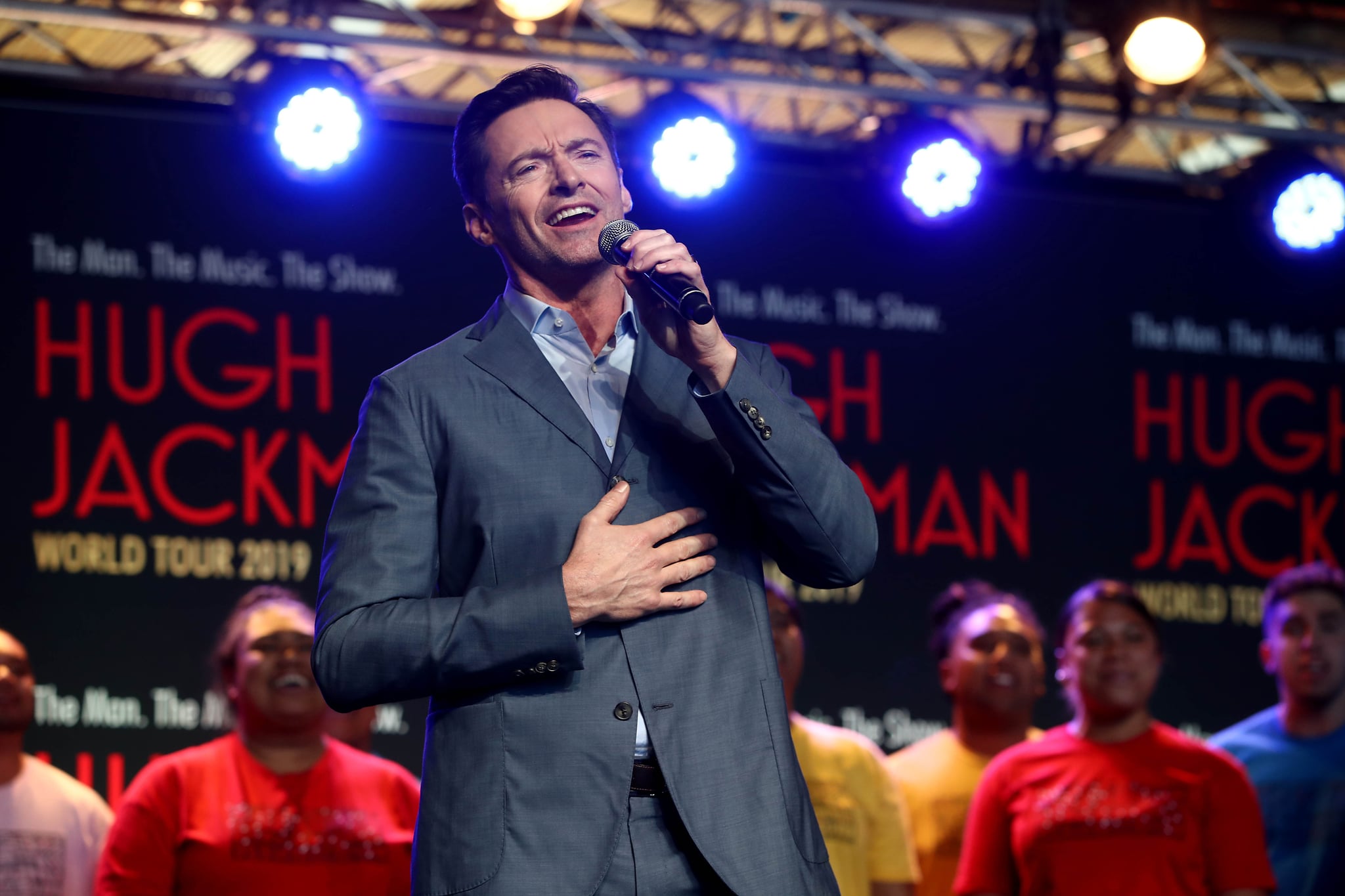 AUCKLAND, NEW ZEALAND - FEBRUARY 27: Actor Hugh Jackman performs with students from AUT's South Campus on February 27, 2019 in Auckland, New Zealand. Hugh Jackman has confirmed he is bringing his world tour, The Man. The Music. The Show, to Auckland's Spark Arena in September(Photo by Phil Walter/Getty Images)