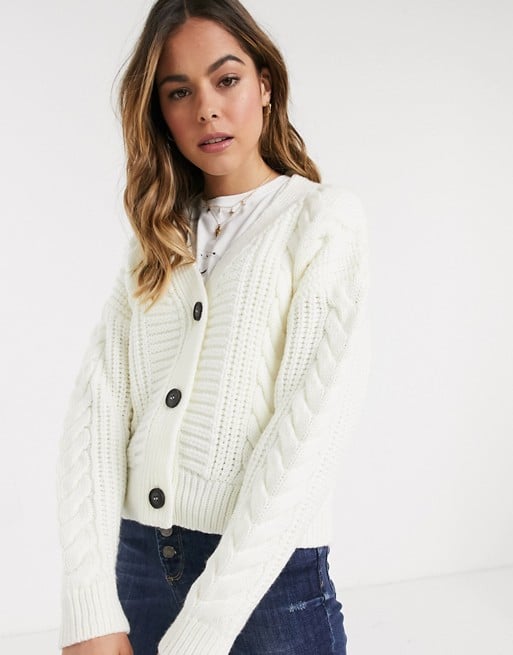 New Look cable knit cardigan in off white Monochrome Outfits Are