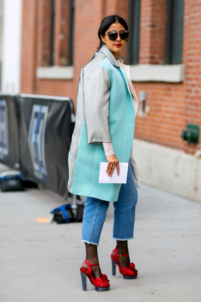 With a Colorful Topper, Black Tights, and Heeled Sandals