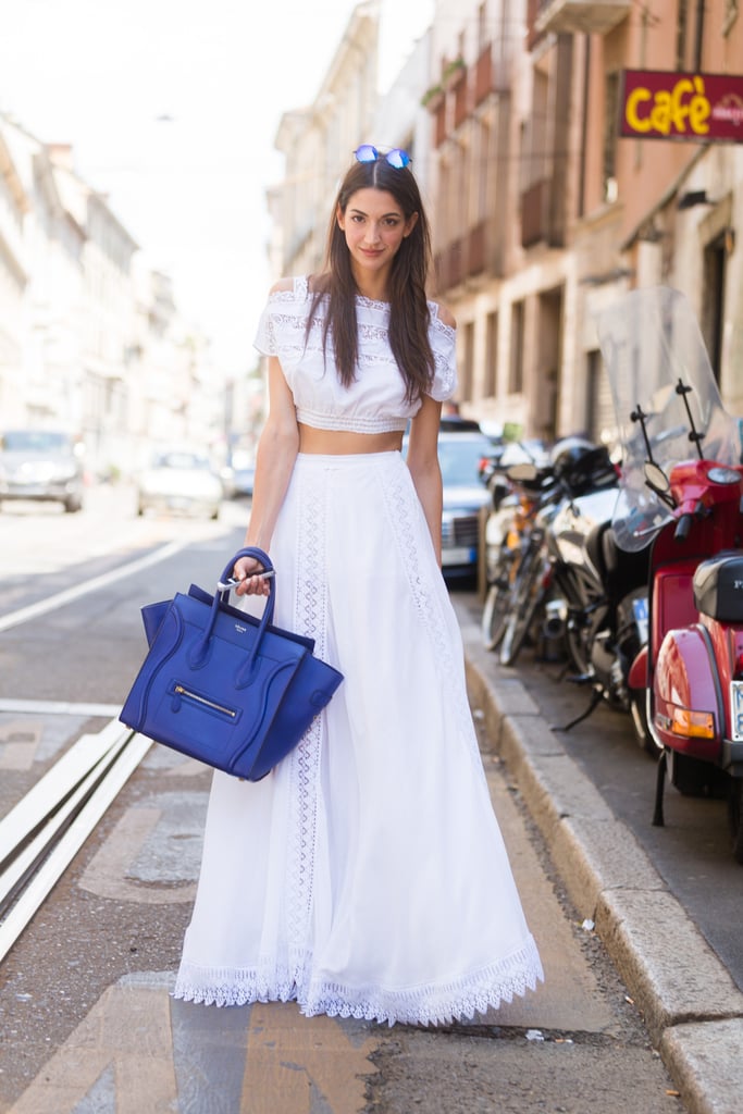 A tummy-baring crop top helped balance out the volume of a full maxi skirt.