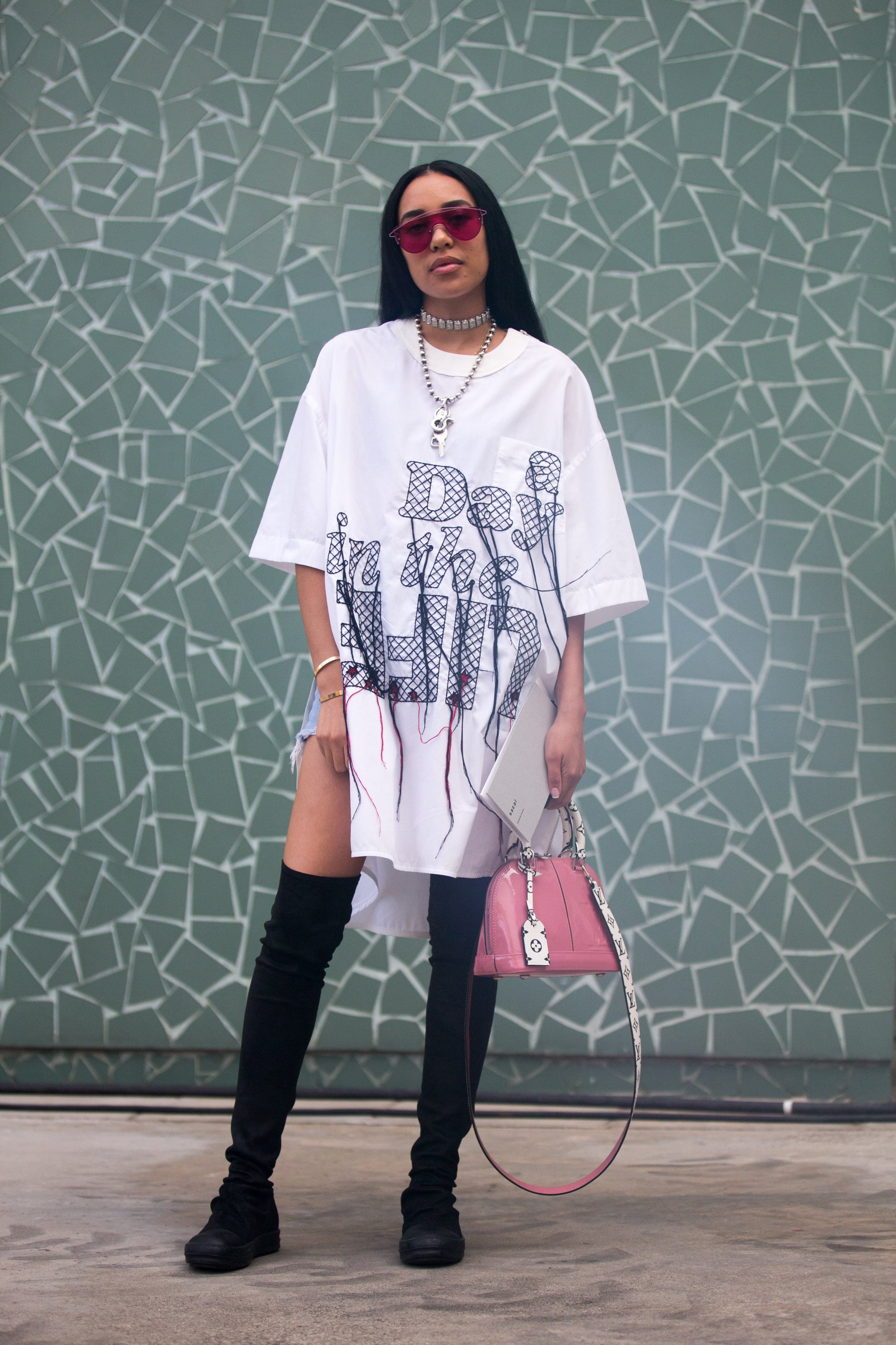oversized shirt dress with knee high boots