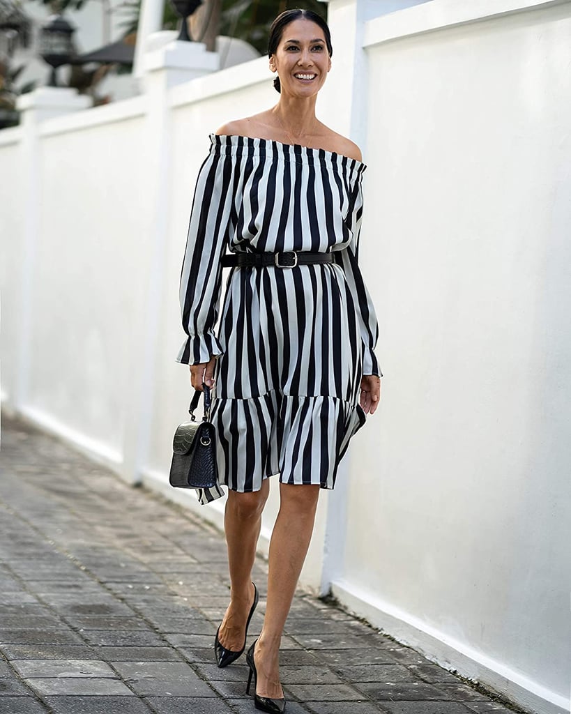 The Drop Black/White Stripe Off-Shoulder Long-Sleeve Ruffle-Hem Midi Dress by @jonnycota