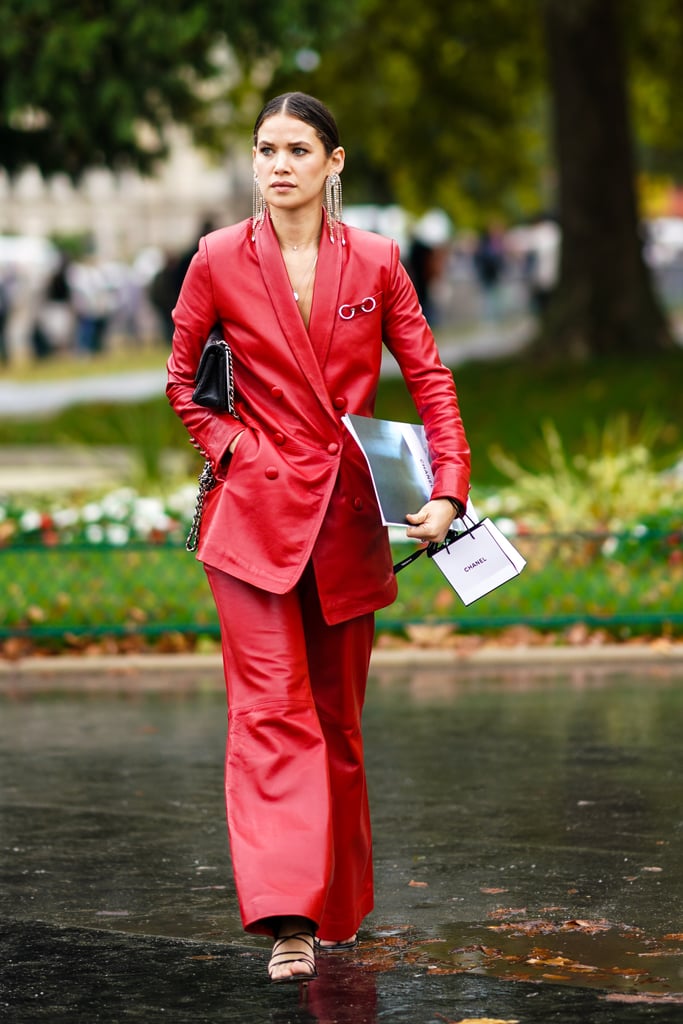 Leather Pants Outfit Idea: Red Leather Separates + Black Clutch