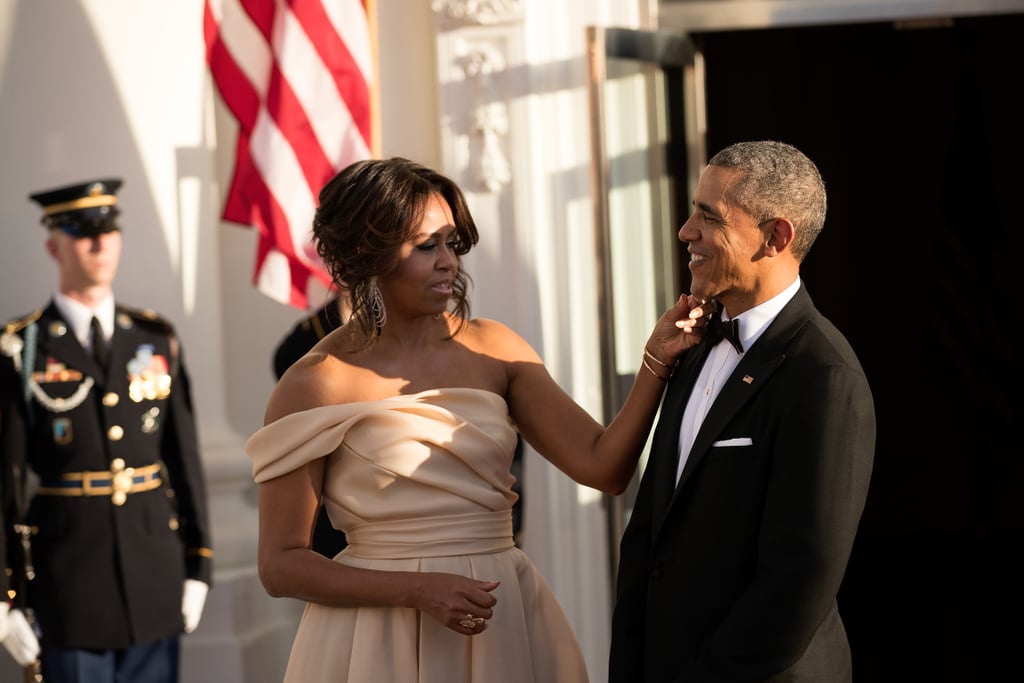 Michelle made sure Barack's bow tie was looking its best before they welcomed the Prime Minister of Sweden, Stefan Löfven, and his wife, Ulla Löfven, in May 2016.