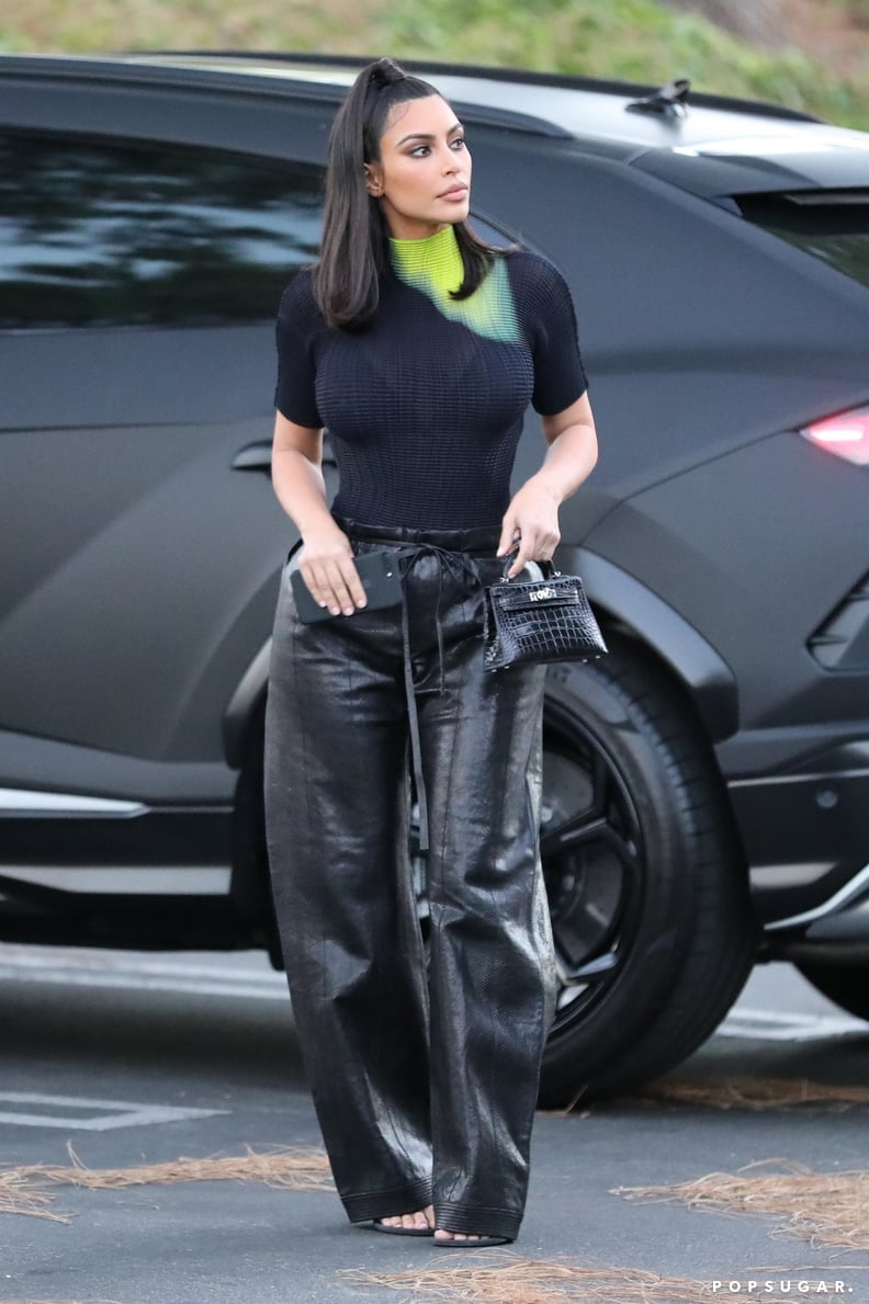 Kim Kardashian Wearing Black Leather Trousers in Calabasas