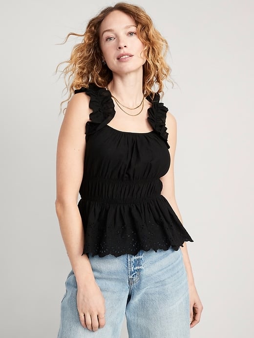 Old Navy Sleeveless Waist-Defined Ruffle-Trimmed Embroidered Babydoll Blouse