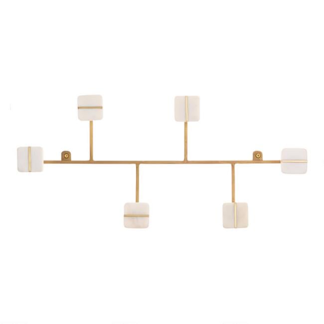 Marble and Gold Metal Asymmetrical Six Hook Wall Rack