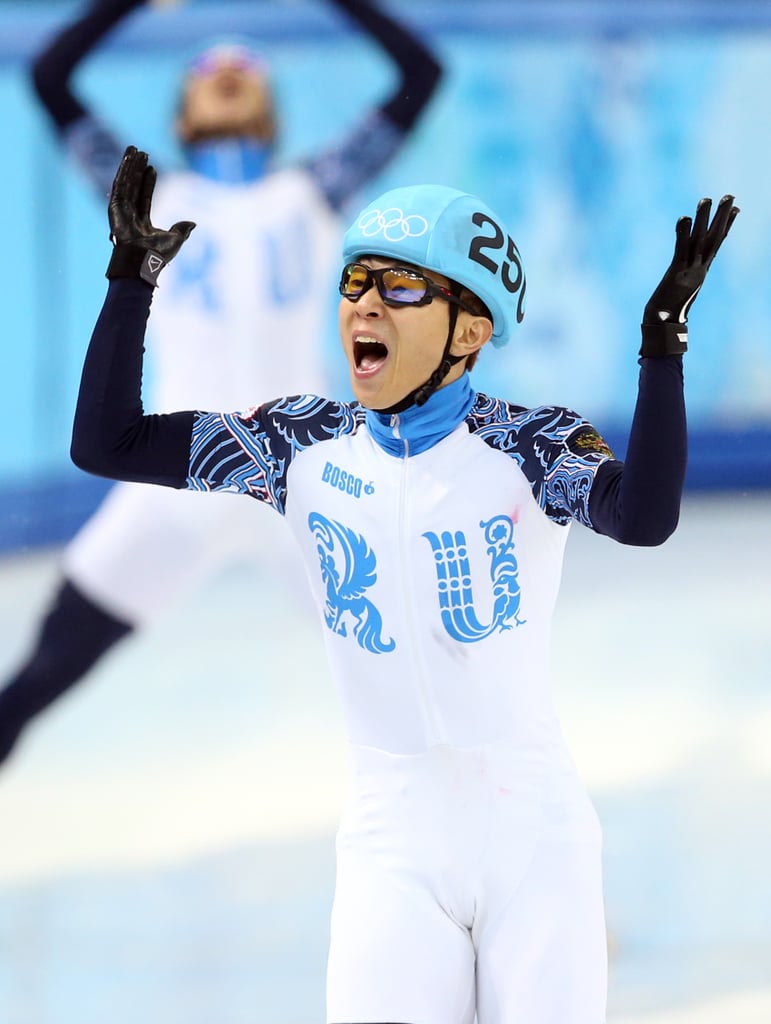 Victor An of Russia celebrated after leading his team to victory in the 5000-meter speed skating relay.