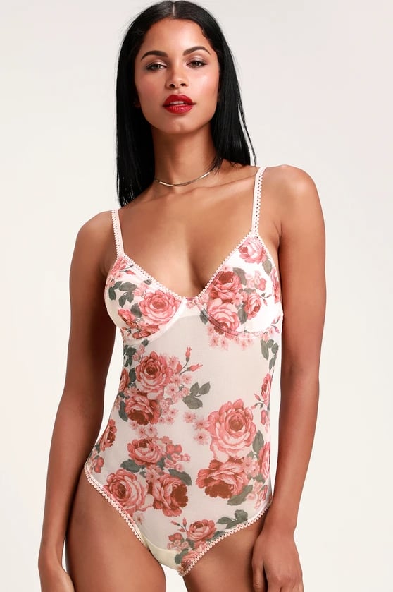 Next to Nothing Secret Garden Rose Pink Floral Print Mesh Bodysuit