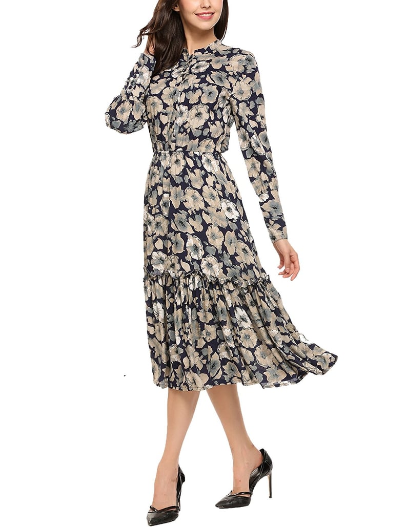 ACEVOG Women's Casual Long Sleeve Floral Print Button up Flowy Party Maxi Dress