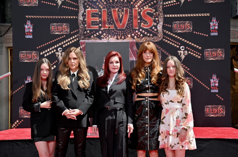 HOLLYWOOD, CALIFORNIA - JUNE 21: (L-R) Harper Vivienne Ann Lockwood, Lisa Marie Presley, Priscilla Presley, Riley Keough, and Finley Aaron Love Lockwood attend the Handprint Ceremony honoring Three Generations of Presley's at TCL Chinese Theatre on June 2