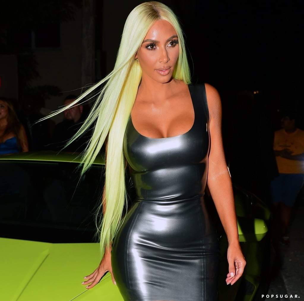 Kim Kardashian Green Wig and Latex Dress in Miami 2018