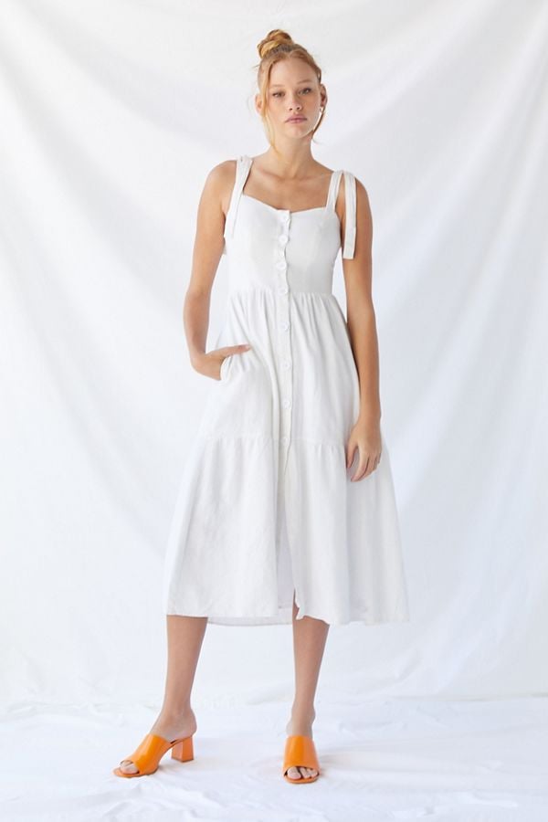 UO Positano Linen Tie-Shoulder Midi Dress