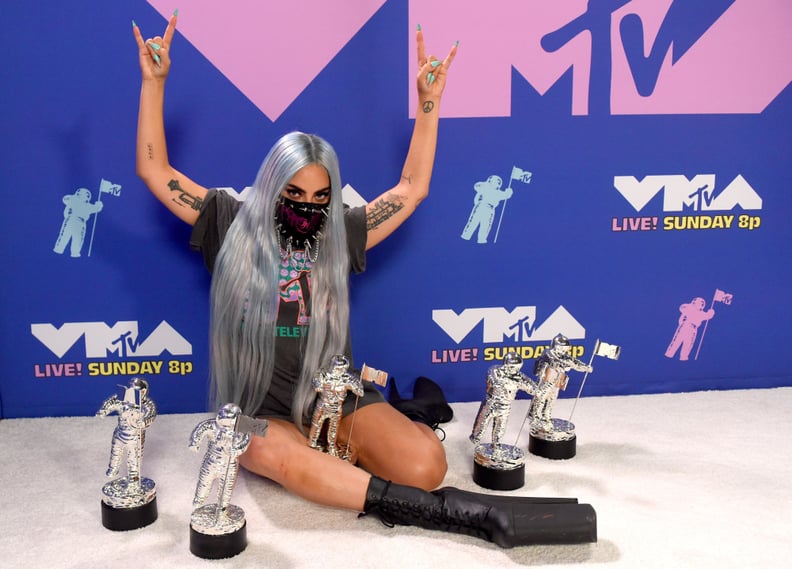 Photos of Lady Gaga Posing With Her 5 Moon Person Trophies