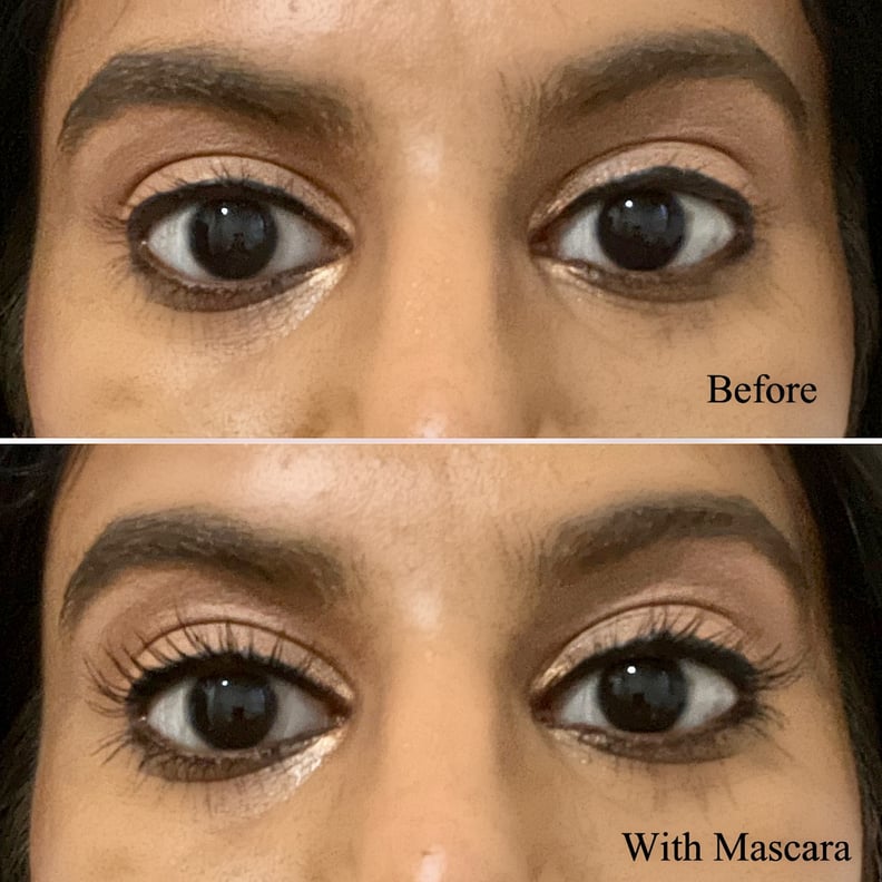 Before and after picture of woman's eyes displaying the effects of the Tower 28 MakeWaves Mascara on the eyelashes. The top picture has no mascara on the lashes, the bottom picture has the Tower 28 MakeWaves Mascara on the eyelashes.