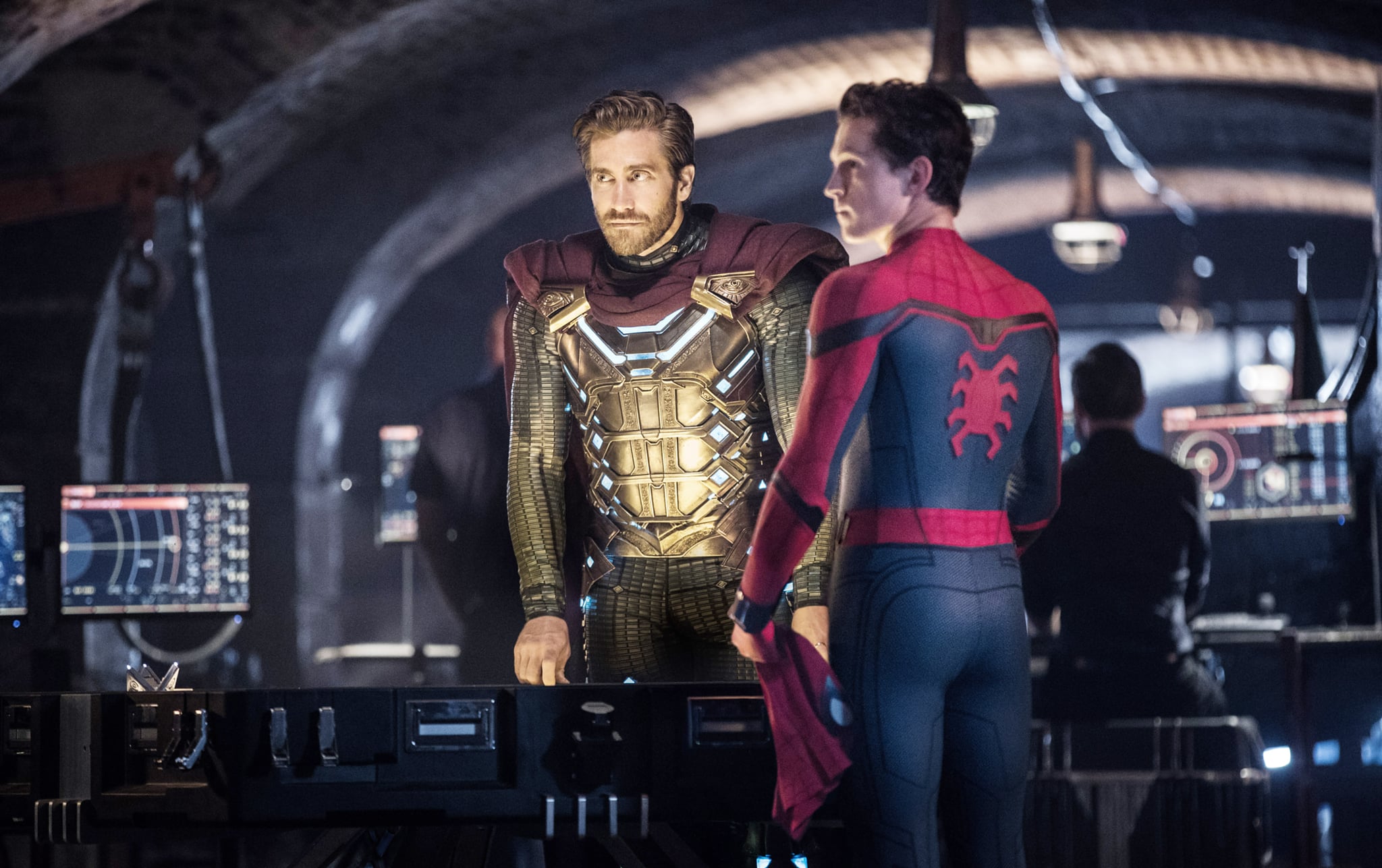 SPIDER-MAN: FAR FROM HOME, from left: Jake Gyllenhaal, Tom Holland, 2019. ph: Jay-Maidment /  Columbia /  Marvel Studios/ Courtesy Everett Collection