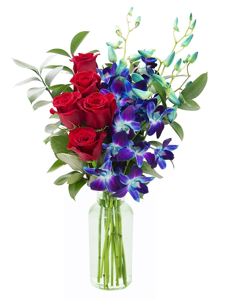 Bouquet of Fresh Red Roses and Exotic Blue Orchids