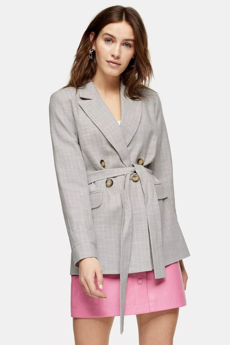 Gray Belted Double Breasted Suit Blazer